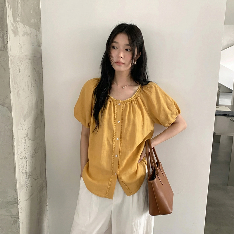 Mmc Ramie Tencel Short-Sleeved Shirt for Women 2026 Summer New Korean Style Single-Breasted Lace Collar Shirt 62S51058 Mmc Ramie Tencel Short-Sleeved Shirt for Women 2026 Summer New Korean Style Single-Breasted Lace Collar Shirt 62S51058