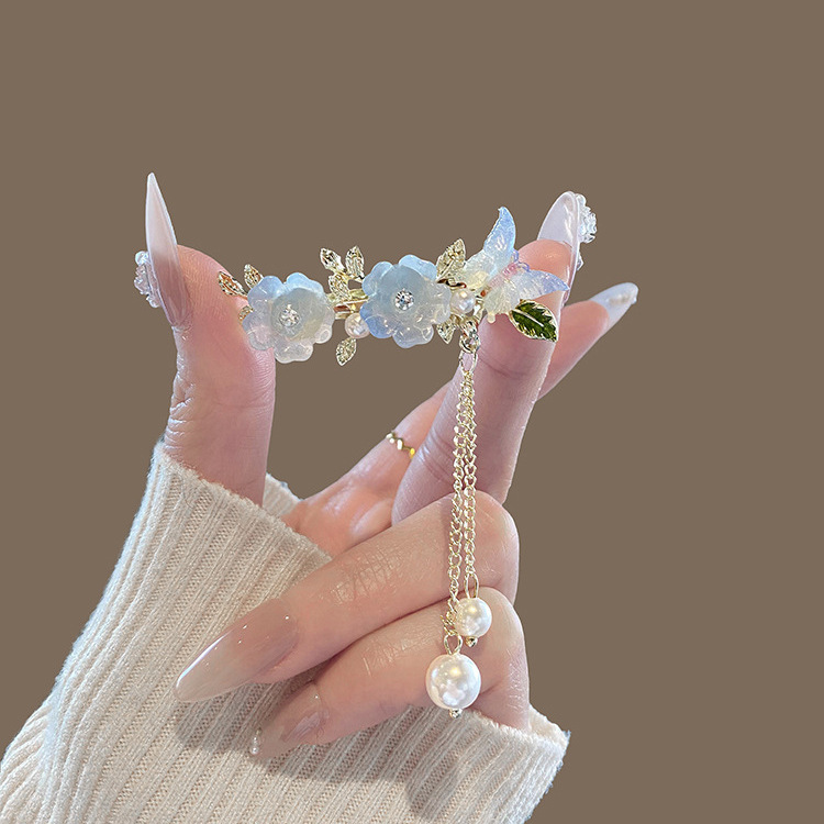 파란 꽃 나비 머리핀