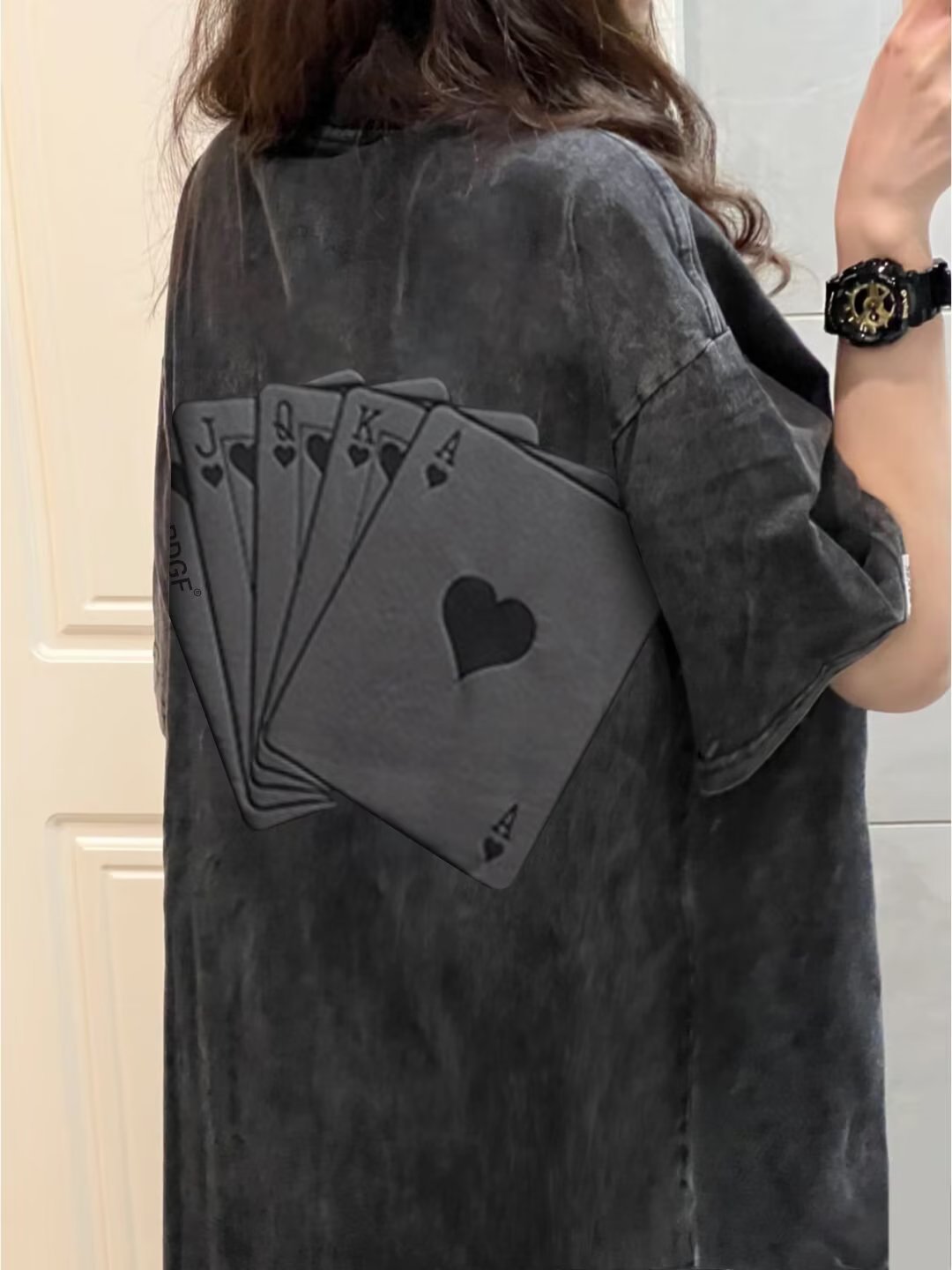 Americano Retro lavado viejo moda marca poker dados Mahjong espuma impresa Camiseta de manga corta de los hombres y las mujeres de la camiseta de la moda