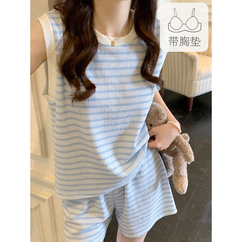 With built-in chest pads, the 2026 summer hot-selling milk blue striped tank top and shorts can be worn outside as a complete niche high-end summer outfit
