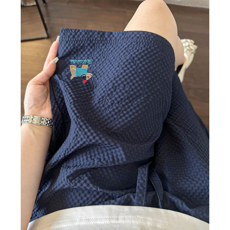 Navy Blue Dopamine Dog Print Shorts for Women, New Summer Quick-Dry Beach Shorts, Bubble Gauze Embroidered Five-Point Shorts