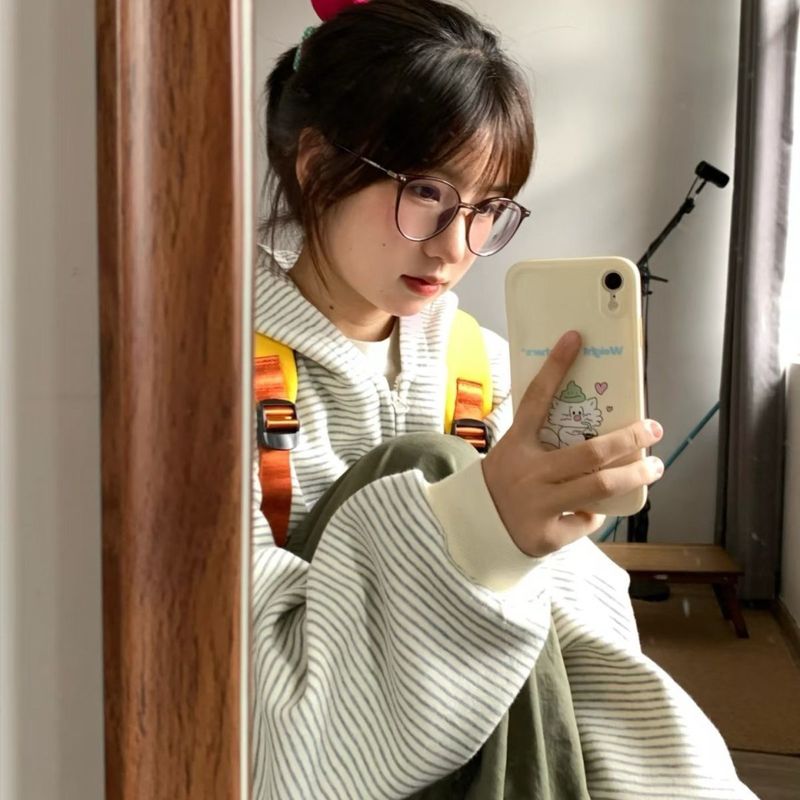 韩系慵懒开衫条纹卫衣外套女2025秋季新款chic港风宽松连帽上衣服|undefined