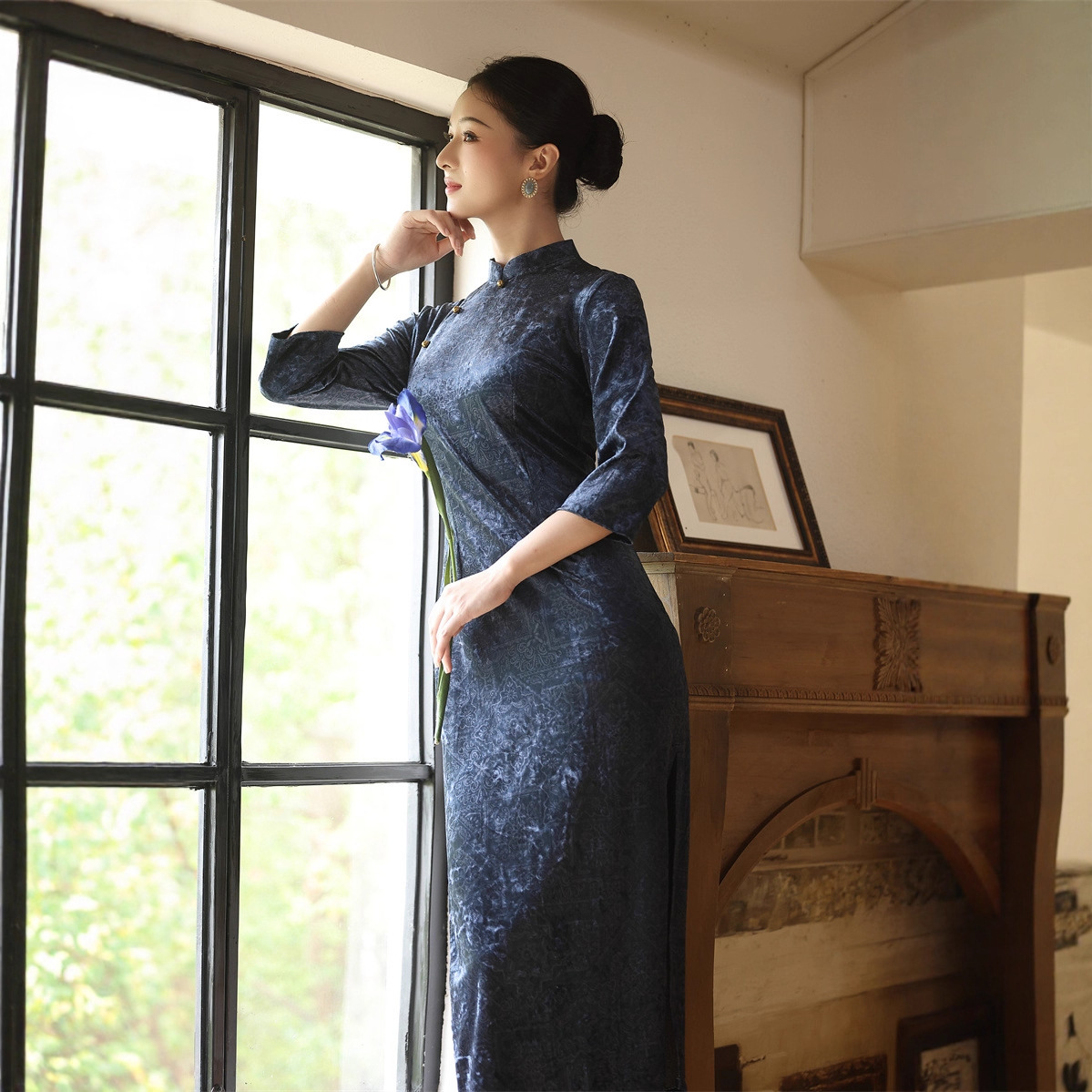 钻石绒长款七分袖旗袍2025秋冬新款复古国风中老年女士旗袍连衣裙