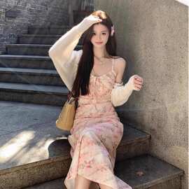 法式浅粉色吊带碎花连衣裙女新款渡假风气质长裙
