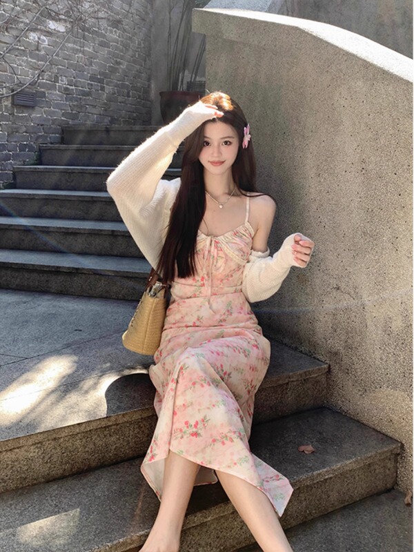 French Light Pink Sling Floral dress Women's New Holiday Style Elegant Long Dress