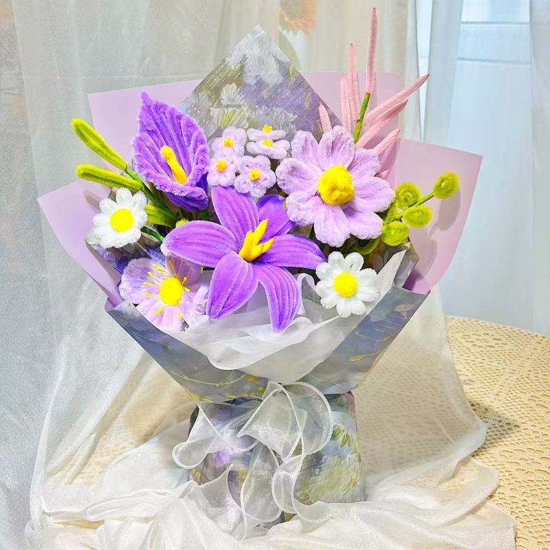 完成したシングルツイストスティック造花DIYブーケ、教師やクラスメートへのギフトとして、卒業記念品としてユリ|undefined
