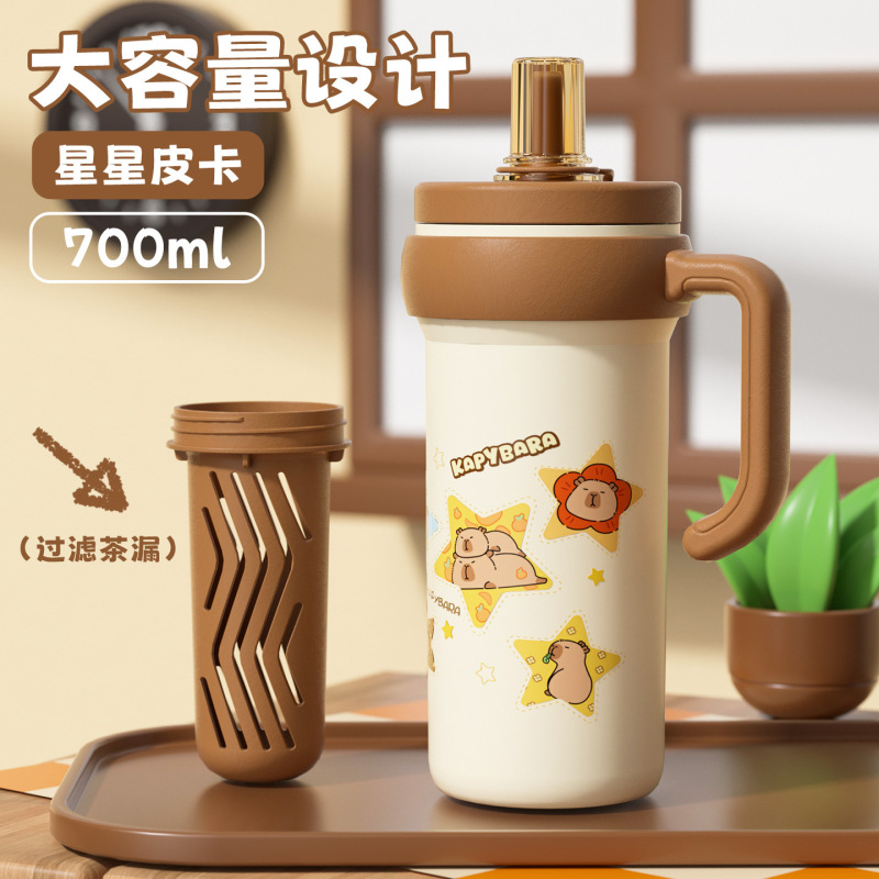 卡皮巴拉系列双饮儿童保温杯女高颜值可爱吸管杯带背带便携弹跳杯|undefined