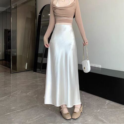 Acid satin half-sleeve skirt women's autumn new silk smooth long umbrella skirt a word high-grade buttocks fish tail skirt 