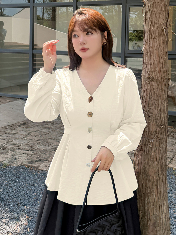 大码女装长袖衬衫秋季2025年新款法式漂亮小衫v领收腰上衣313118|undefined