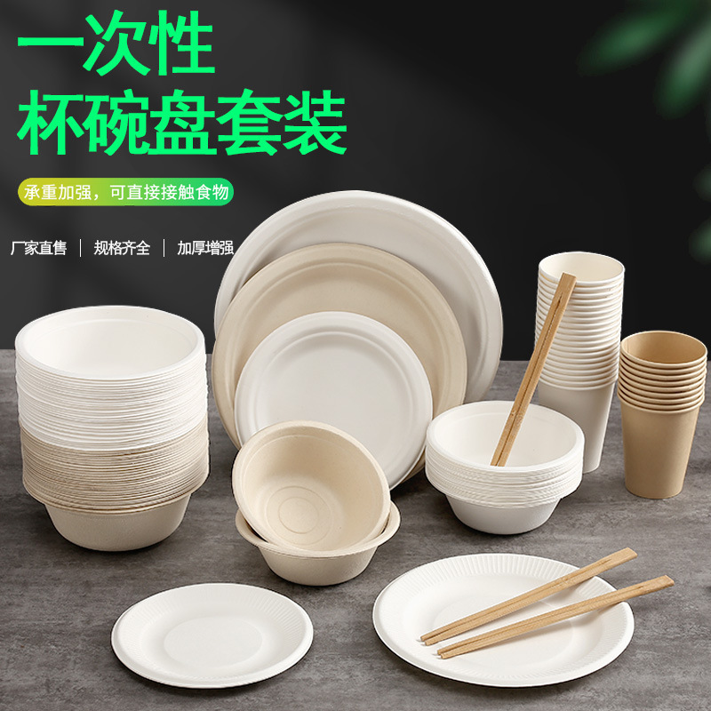 Disposable Bowl Plate Chopsticks Party Set Degradable Paper Bowl Tableware Spitting Bone Plate Disc Outdoor Cup Set