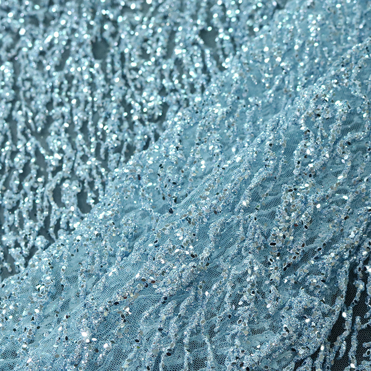 2024 nueva línea azul espuma de polvo de oro pulverizado malla tela de vestido de noche