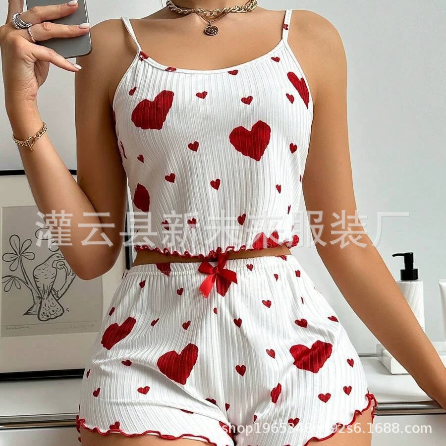 knitted summer shorts pajama set (women), ribbed, heart print, lifting effect, S–XL