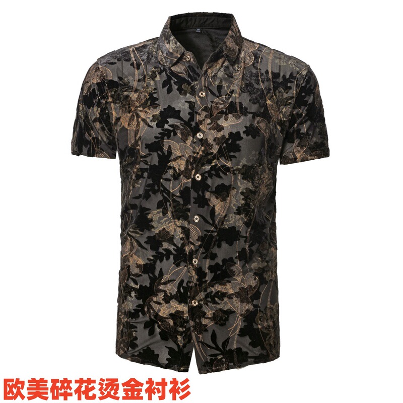 New Semi-Transparent Short-Sleeved Men's Cardigan with Gold Stamping, High-End Trendy Breathable See-Through Shirt for Men, Thin Style for Summer
