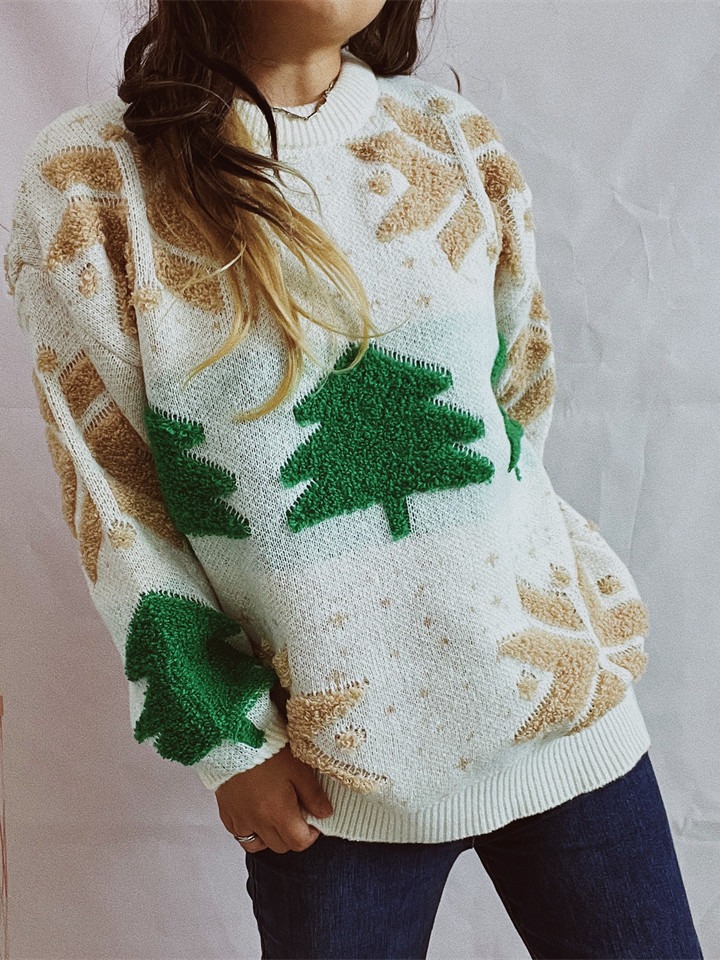 Amazon transfronterizo otoño e invierno nuevo árbol de Navidad jacquard cuello redondo manga larga engrosada Jersey de punto suéter de Navidad para las mujeres