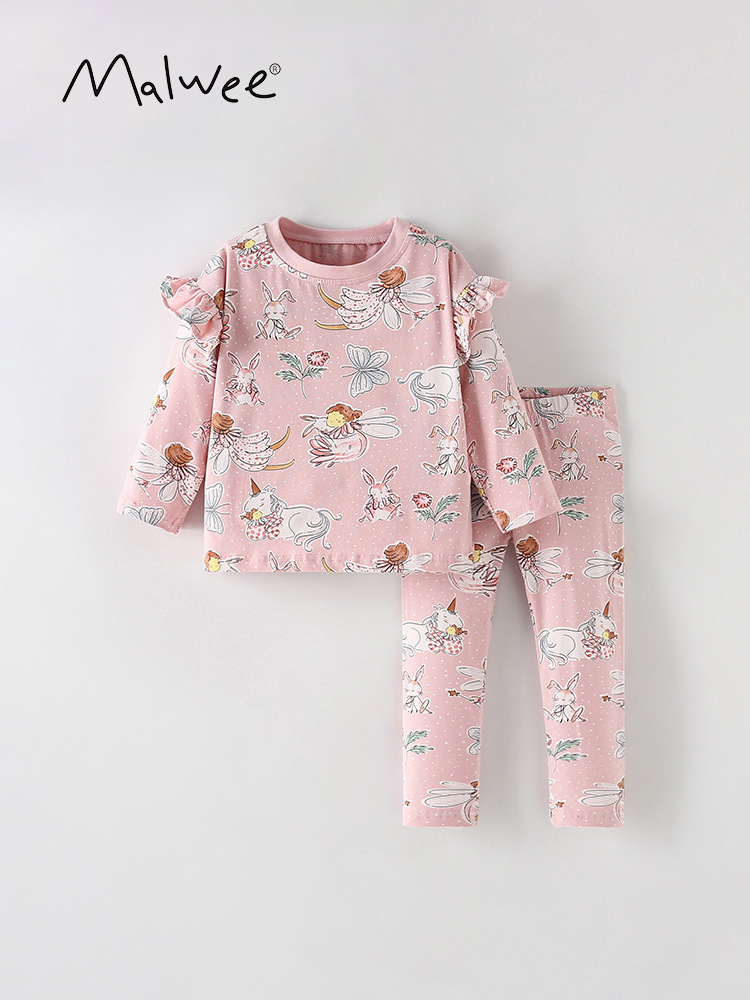 Malwee niñas trajes de otoño nuevos niños europeos y estadounidenses impresión de aire extranjero de cuello redondo de manga larga ropa de niños dos piezas