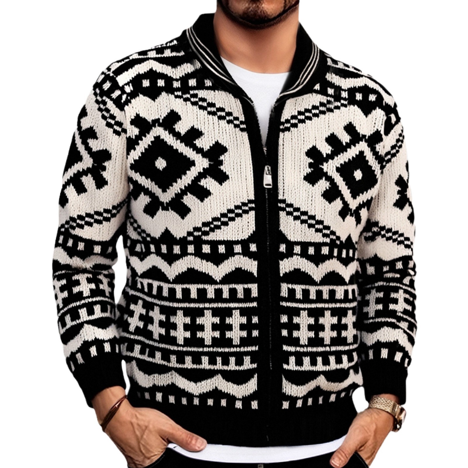 Men's autumn winter men's jacquard knitted with lapel collar and long sleeved jacket sweater SY0020_voghion.com
