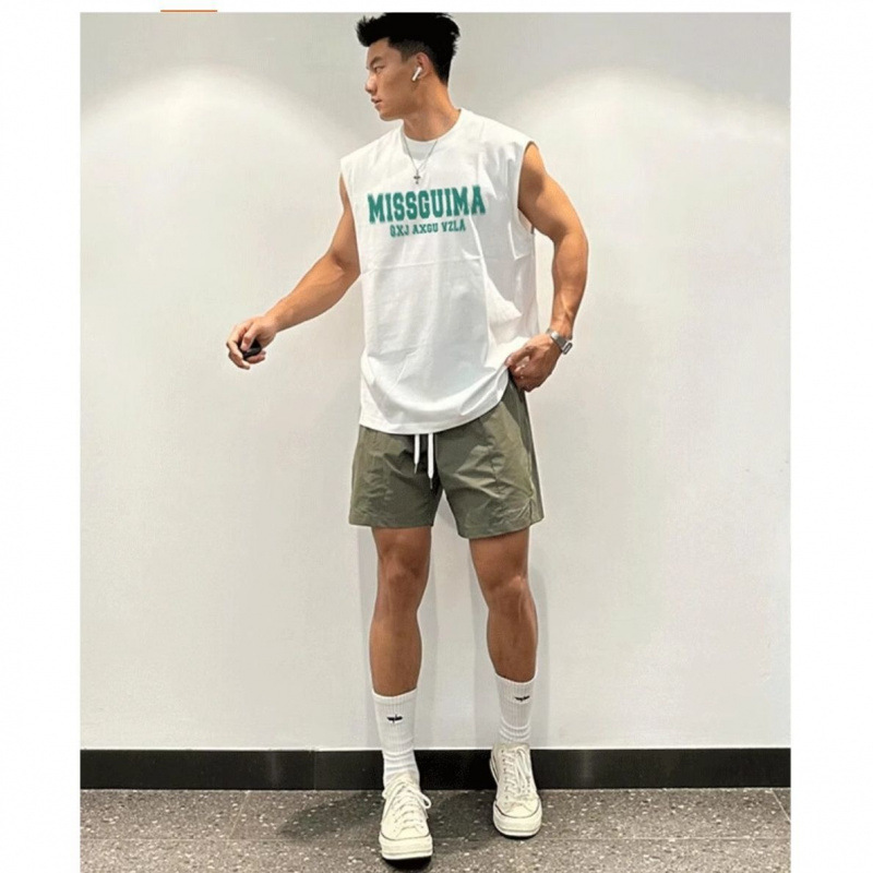 綿メンズノースリーブインナーアメリカンスポーツベストベスト夏薄手ゆったり速乾ラウンドネックTシャツ|undefined