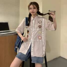 2025新款竖条纹短袖男女衬衣夏港味复古爱心刺绣宽松慵懒风衬衫潮