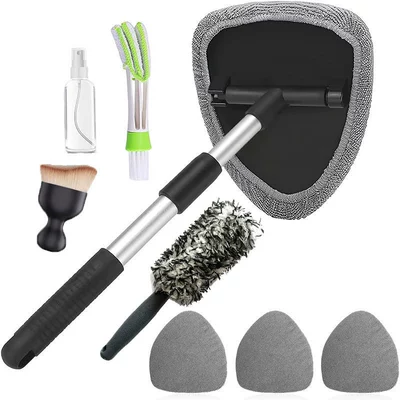 Car cleaning tools | Cleaning Brush, Defogging Window Wiper - 4-gray-cloth-covers-1-set-of-pentagonal-plastic-parts-1-green-and-white-air-conditioning-brush-1-spray-bottle-1-crevice-brush-1-black-and-white-plush-tire-brushpe