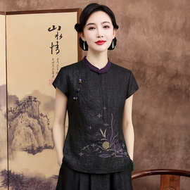 杭州高端龟裂纹短袖国风桑蚕丝衬衣新中式刺绣真丝香云纱上衣女