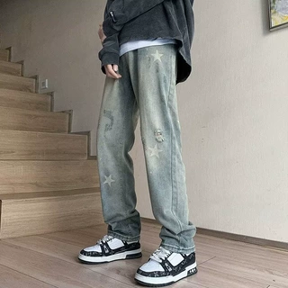 星星印花牛仔裤男款高街水洗直筒破洞裤夏季潮牌宽松ins阔腿裤子