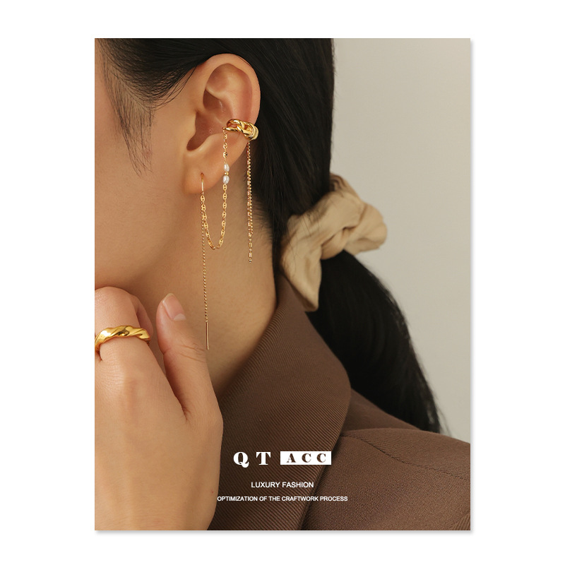 Latón chapado 18K oro real Corea del Sur temperamento de hadas de una sola pieza pendientes de la Perla del oído de alambre de bobinado de diseño del oído clip de hueso femenino