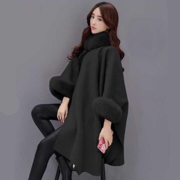 Luxury Rabbit Fur Collar Cape Coat - Elegant Mid-Length Wool Blend, Sleeveless Batwing Design, Timeless Audrey Hepburn Style_voghion.com