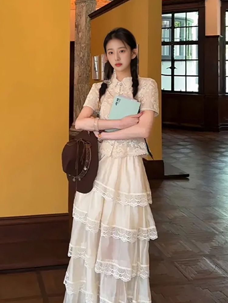 Bộ áo sơ mi lưới ôm eo phong cách retro kết hợp chân váy phồng mùa hè ZX N5034 — Áo, Váy nửa màu mơ