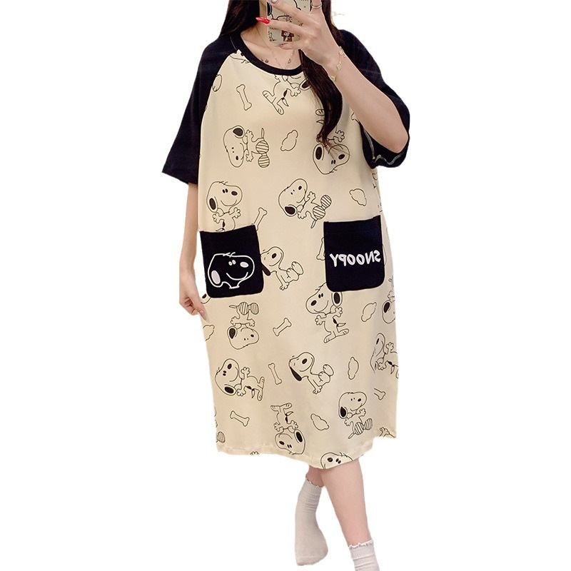 2024 verano ocio de dibujos animados pijama de mangas cortas de mujer bolsillo suelto ropa de casa 6535 fábrica de pijamas de algodón venta directa