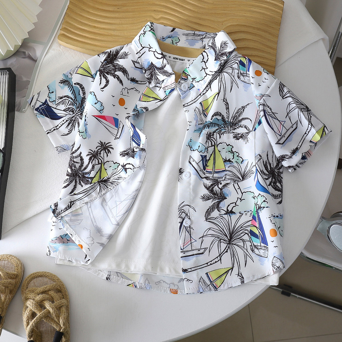 Verano bebés vacaciones de viento impresión puerto viento de manga corta suelta camisa para niños camisa para niños