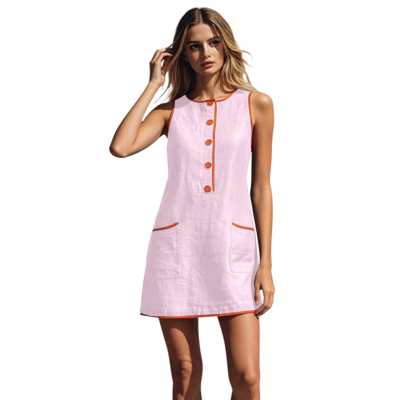 Amazon Cross-Border Women's Fashion Independent Site Casual Style Color-Blocking Decoration Solid Color Sleeveless Round Neck Loose Cotton-Linen Dress