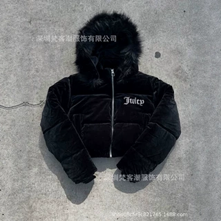 欧美潮流设计感个性小众烫钻毛领连帽衫男女同款高级感棉服
