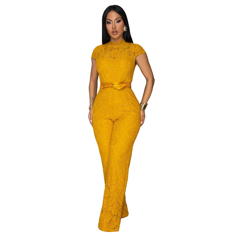 Elegant Lace Jumpsuit With Wide-Leg Design European Style Round-neck Short-sleeved Lace One-piece Pants For Women_ecoleips.com
