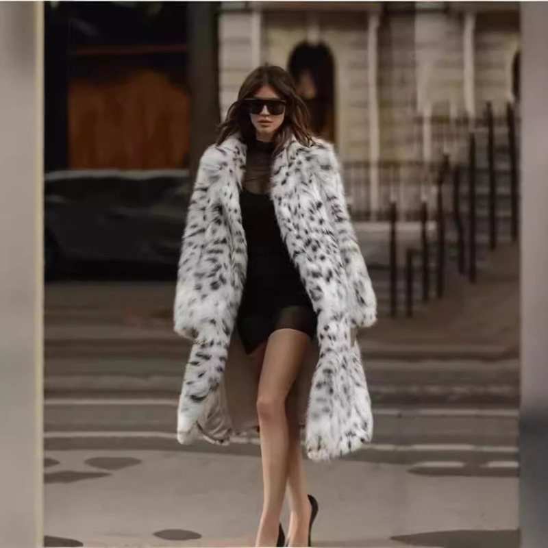 European and American autumn and winter new leopard print fur women's coat extended long suit collar leopard point faux fox fur coat