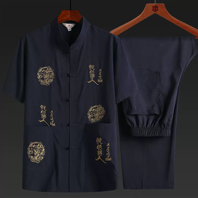 Summer retro silk thin set for boys for elderly, Chinese style, with short sleeve, with embroidery