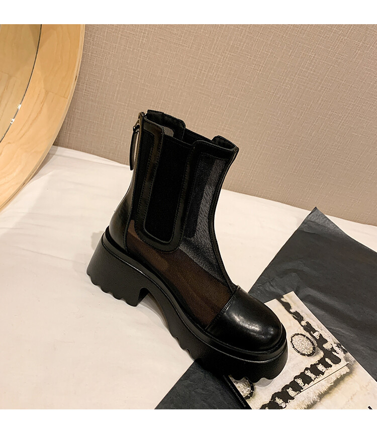 Boot ngắn nữ da bò mũi tròn đế dày thoáng khí khóa kéo sau — Màu đen, Màu mơ chi tiết 51