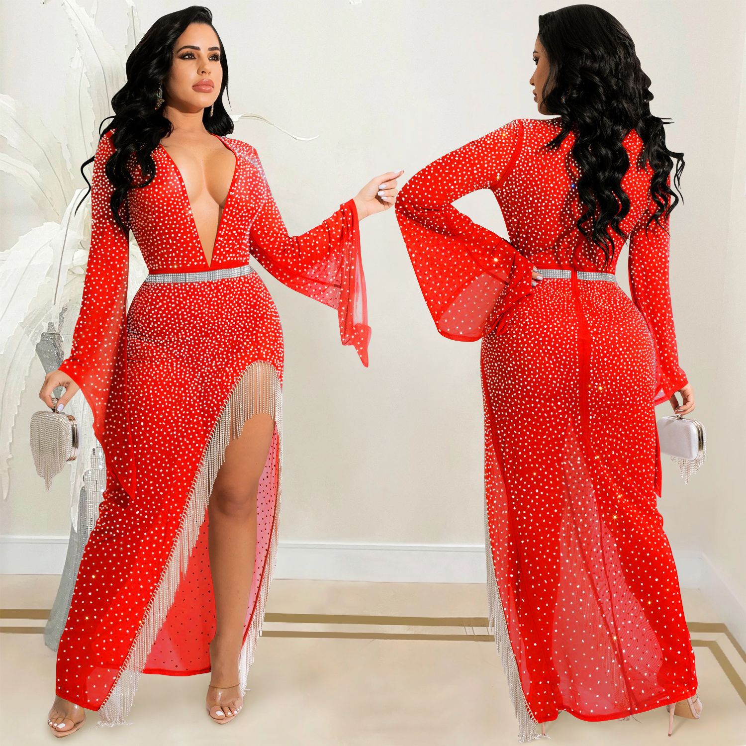 X5597 AliExpress moda sexy discoteca caliente rhinestone profundo V manga ancha irregular split borla vestido de las mujeres