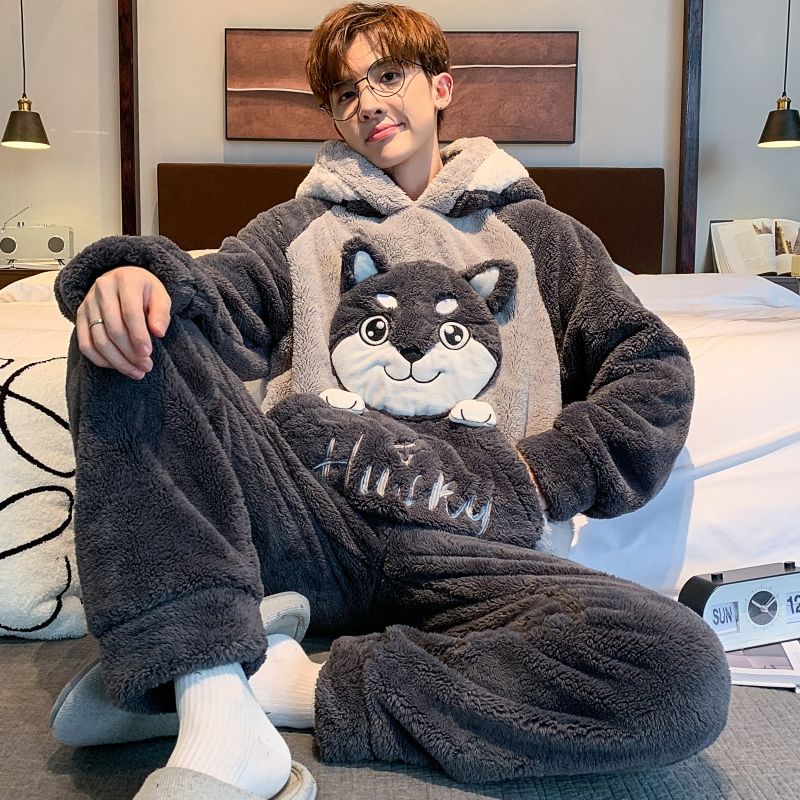 Men's Pajamas Autumn and Winter Thickeneded Fleece-Lined Coral Velvet Cartoon Teenagers Flannel Plus Size Home Wear Set