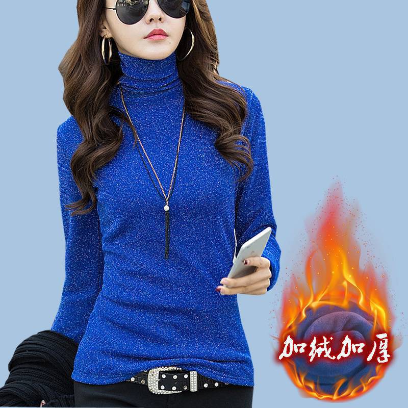 加厚高领打底衫女韩版修身网纱长袖T恤银丝加绒保暖衫亮丝上衣潮|undefined