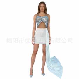 气质假两件拼接水钻包臀连衣裙跨境酒会舞会婚礼红毯优雅礼服蓝影