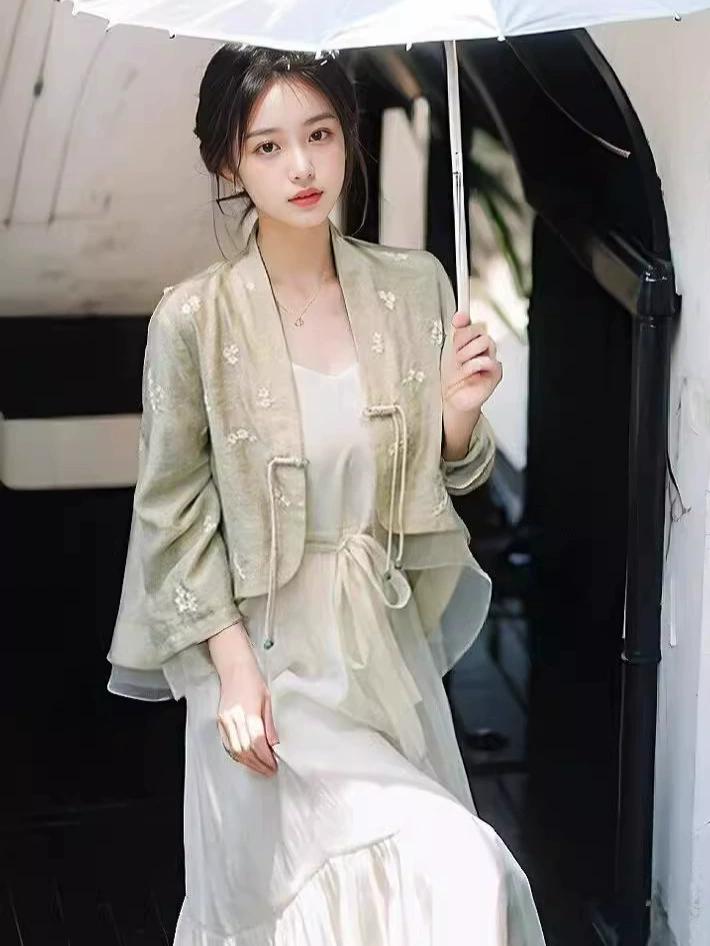 Новая женская китайская куртка и улучшенный Hanfu, жаккардовая защита от солнца, китайский древний стиль, рюши летняя чайная одежда, топ с пуговицами