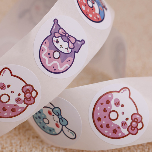 Three Lio Donut Sticker Seal 500PCS Roll Self-Adhesive Label Children Cartoon Roll Roll Sticker Wholesale