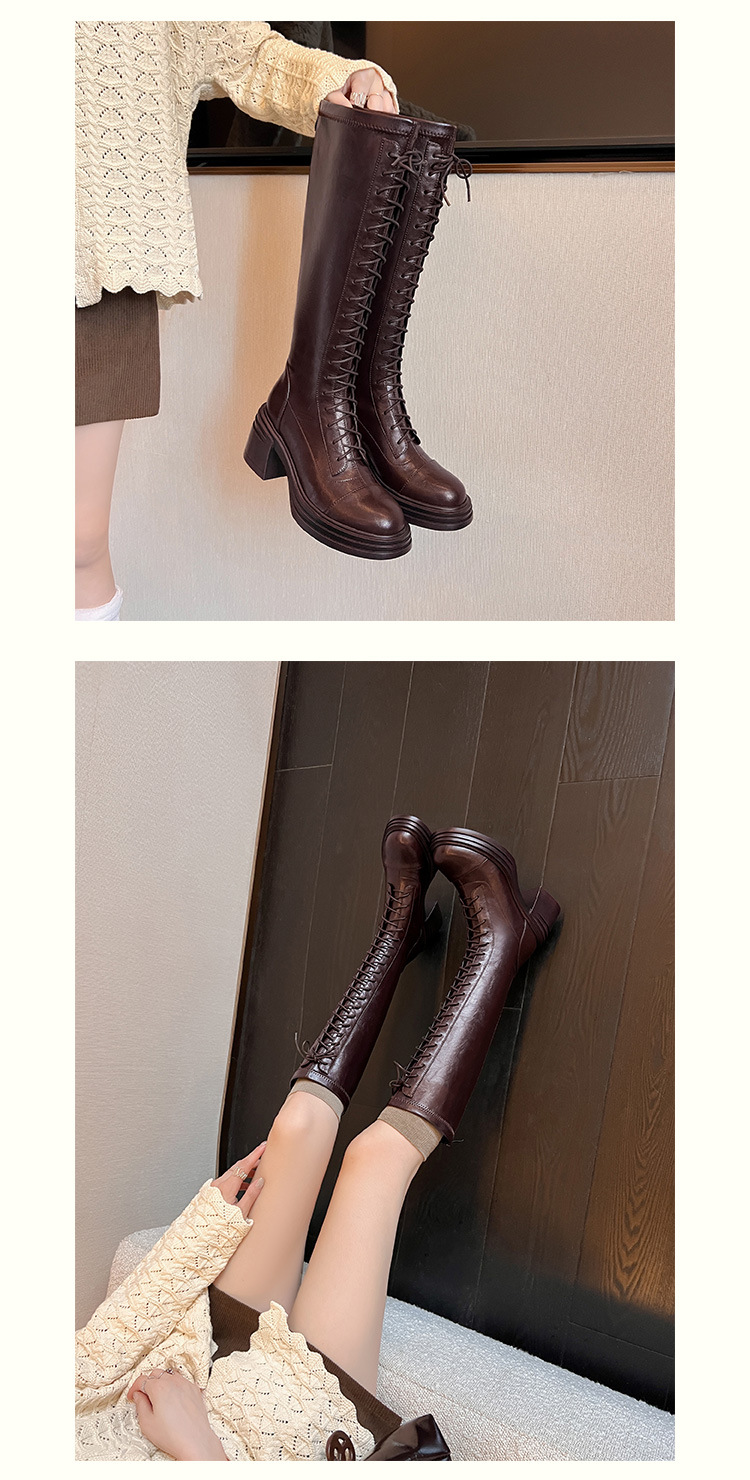 Boot nữ cổ cao ôm bắp chân đế dày dây buộc phong cách kỵ sĩ — Da lộn đen chi tiết 16