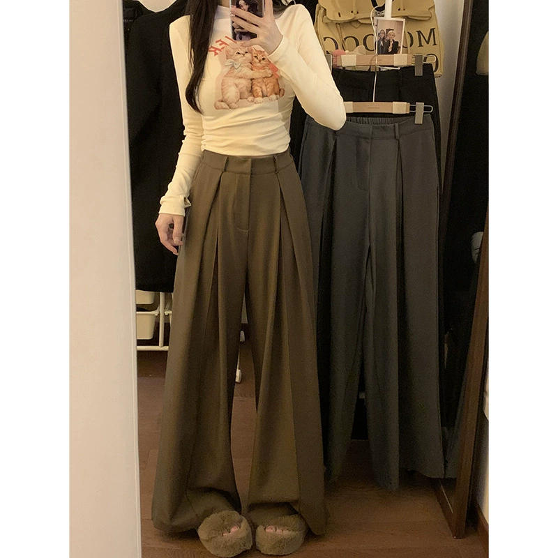 Real Shot 2024 Новый свободный дизайн костюм брюки повседневные брюки женские широкие брюки с высокой талией драпировкой швабры