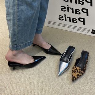 2025 Spring/Summer New Leopard Print Slimming Pointed Toe Thin Heel Mid-Heel Slippers Low Heel Versatile Closed-Toe Half-Slip Outdoor Sandals