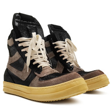 24ss春秋新款复古做旧大钩子拼接真皮侧拉链系带高帮男板鞋厂家货