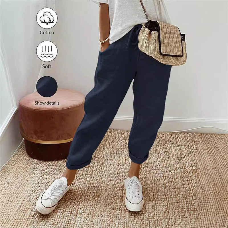 Aliexpress Amazon Independent Site Spring and Autumn Cotton Linen Pocket Elastic Waist Casual Pants Women's Trousers Commuting Loose Nine-Point Length