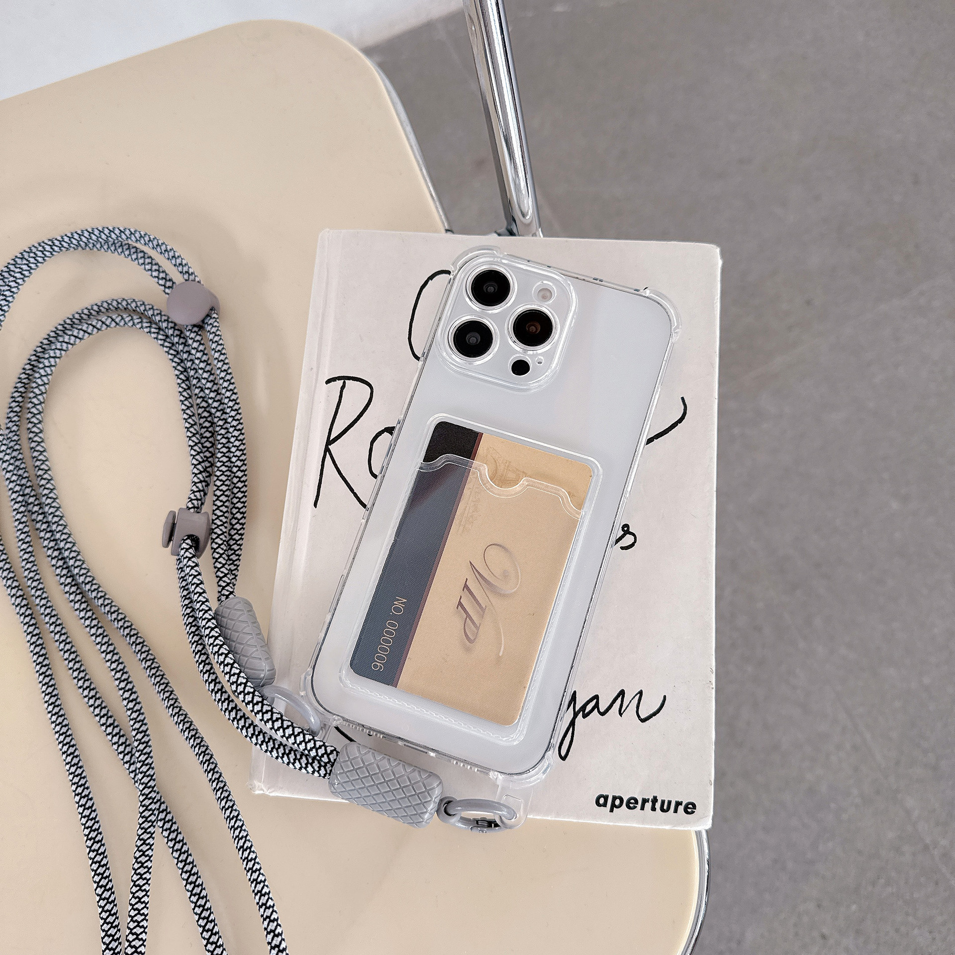 iPhone 15 için uygun, Apple iPhone 14 cep telefonu kılıfı ile uyumlu, şeffaf siyah kartlık, çapraz askılı kordon.