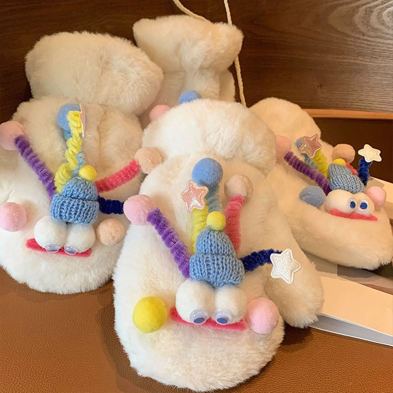 Plush warm winter plus plush funny female gloves for students, thick furry and cute outdoor cold protection cartoon_voghion.com