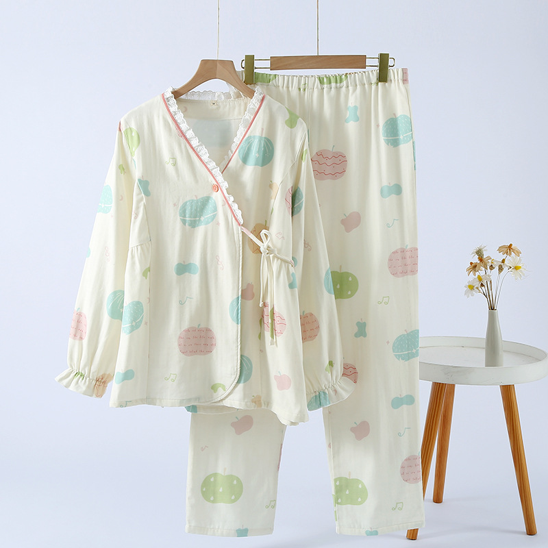 Spring, Autumn and Winter Pure Cotton Three-Layer Gauze Kimono Luna Maternal Postpartum Lactation Pajamas Home Clothes for Pregnant Women